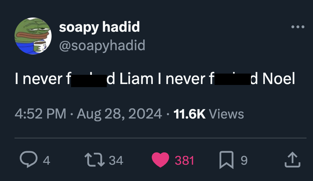 screenshot - soapy hadid I never f d Liam I never f . Views d Noel ... > 4 1734 381 9